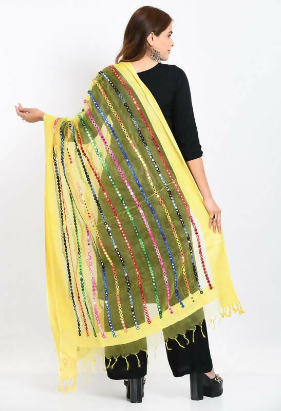 Mominos Fashion Moeza Women's Orgenza Multi Thread Mirror Work Lemon Yellow Dupatta - Distacart