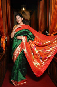 Thumbnail for Very Much Indian Triple Muniya Border Paithani- Authentic Handloom Pure Silk With Parrots Pallu - Zari Stripes - Distacart