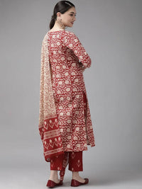 Thumbnail for Yufta Maroon & Beige Ethnic Motifs Screen Print Cotton Straight Kurta Palazzo & Dupatta