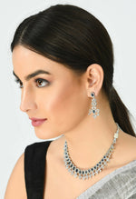 Thumbnail for Mominos Fashion Johar Kamal Silver-Plated American Diamond Silver Blue Choker Set - Distacart