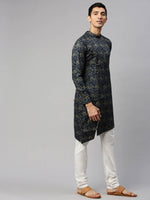 Thumbnail for Manyavar Men Navy Blue & Beige Floral Printed Straight Kurta - Distacart