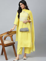 Thumbnail for Khushal K Round Neck Thread Work Kurta with Palazzos & Dupatta - Distacart