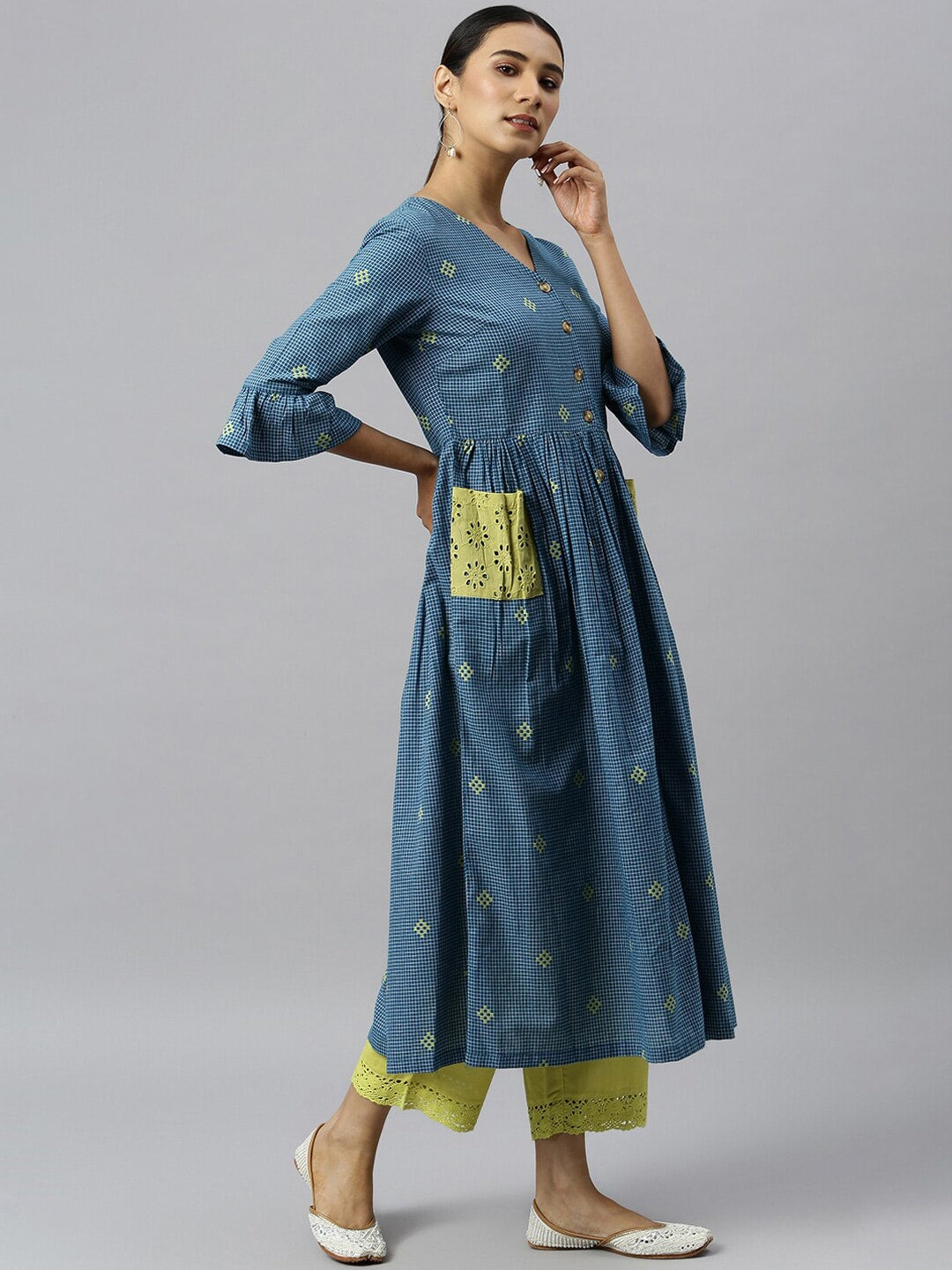 Khushal K Women Blue Geometric Striped Flared Sleeves Anarkali Kurta - Distacart