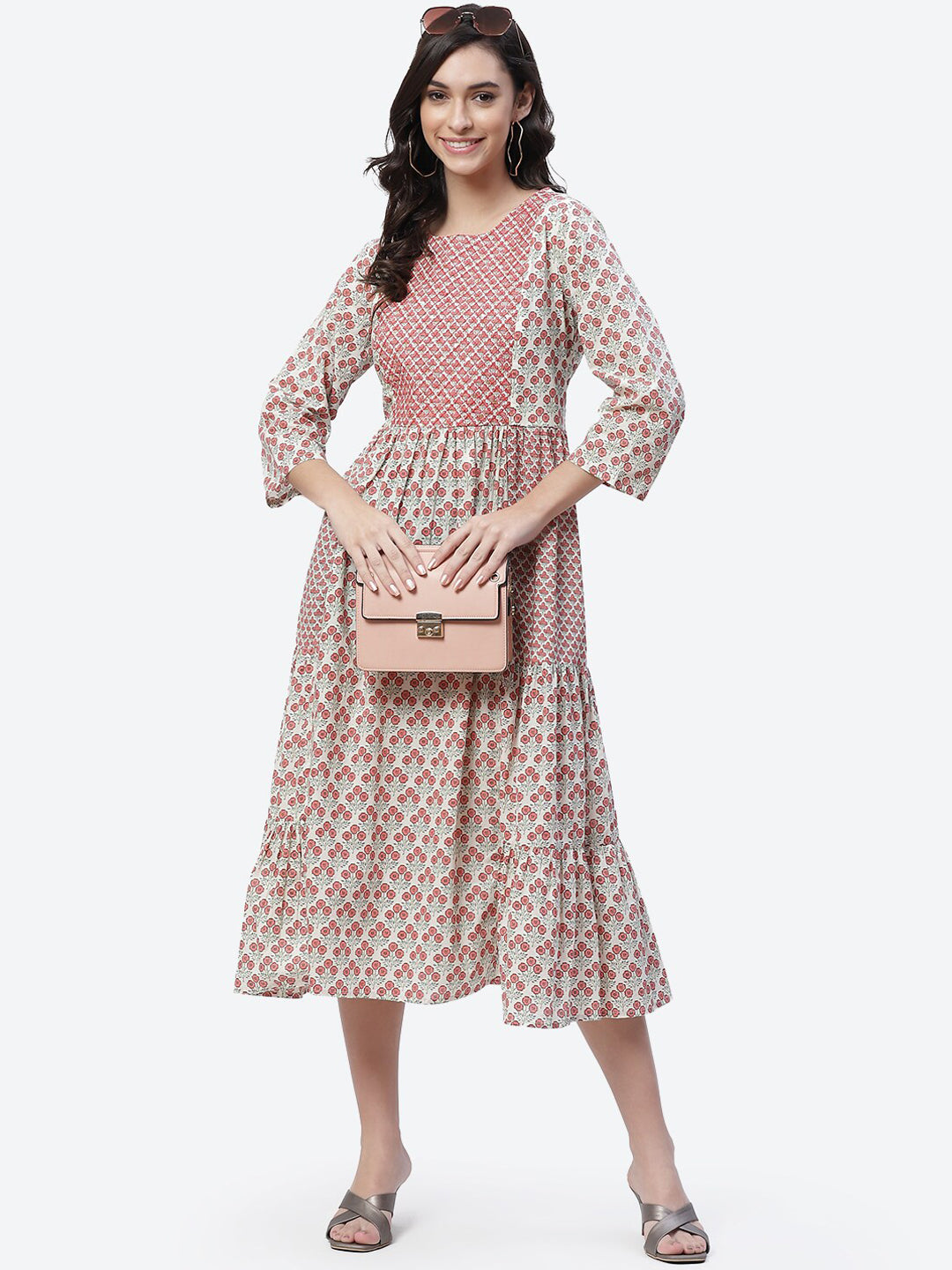 Biba Women Cream-Coloured Ethnic Motifs Printed Flared Sleeves Anarkali Kurta - Distacart