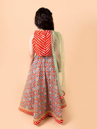 Thumbnail for Girls Orange Blue Printed Ready To Wear Lehenga Blouse With Dupatta - Mini Marvels - Distacart