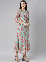 Thumbnail for Souchii Turquoise Blue Floral Printed Chiffon A-Line Midi Dress - Distacart