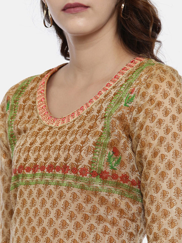 Souchii Beige & White Printed Straight Kurta - Distacart