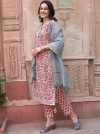 Thumbnail for Sangria Peach-Coloured Ethnic Motifs Printed Pure Cotton Kurta with Trousers & Dupatta - Distacart