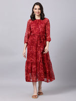 Thumbnail for Souchii Maroon Floral Layered Chiffon A-Line Midi Dress - Distacart