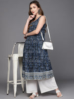 Thumbnail for Biba Women Navy Blue & White Ethnic Motifs Printed Anarkali Cotton Kurta - Distacart