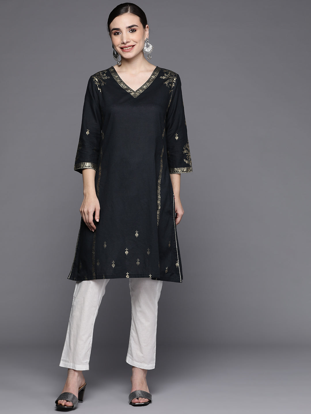 Biba Women Black & Golden Ethnic Motifs Printed Pure Cotton Kurta with Trousers - Distacart