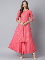 Thumbnail for Khushal K Women Pink & White Printed Kurta with Solid Flared Maxi Skirt - Distacart