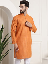 Thumbnail for Sojanya Men Orange Dobby Self-Checked Straight Kurta - Distacart