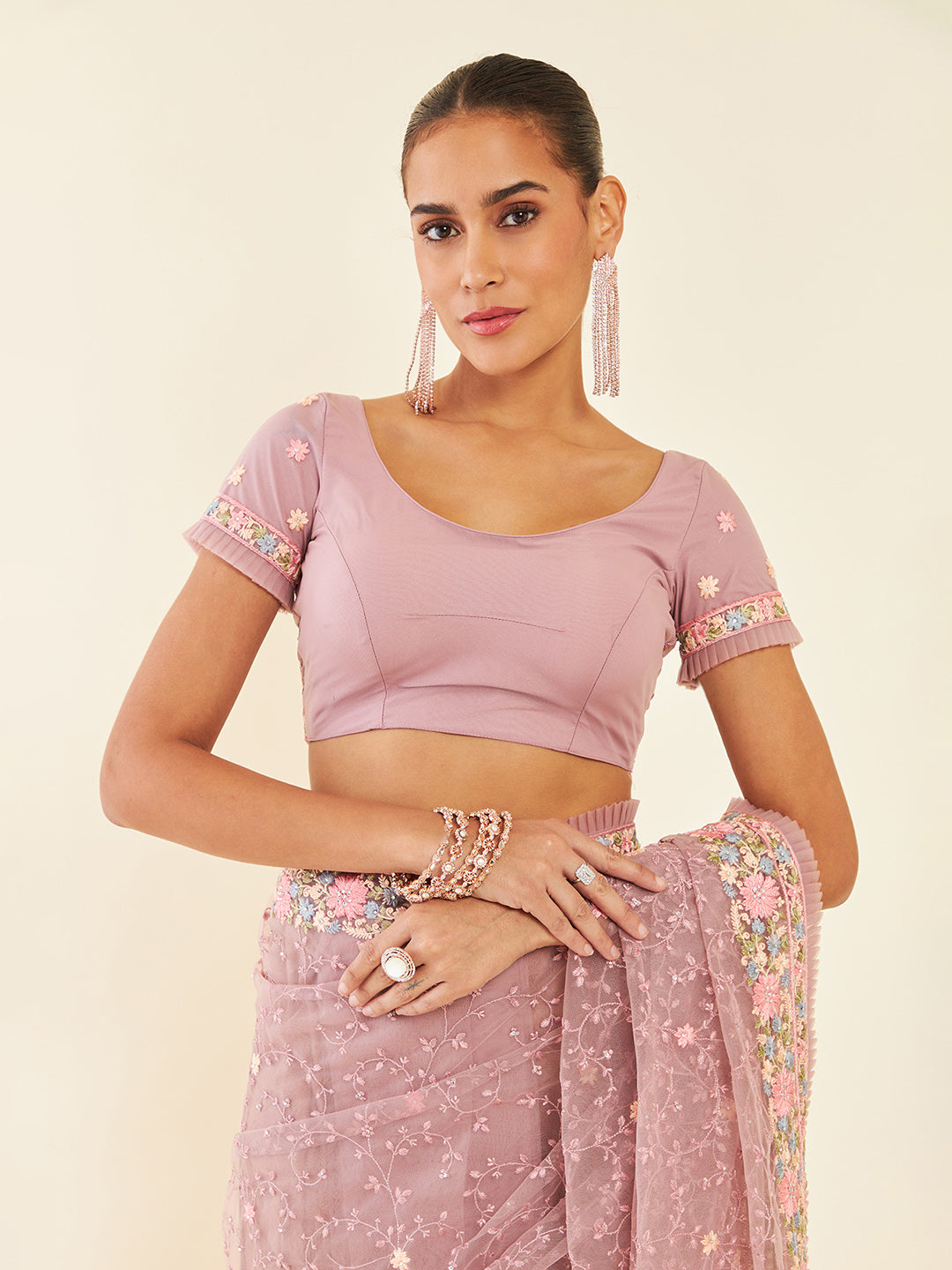 Soch Purple & Blue Floral Embroidered Net Saree - Distacart