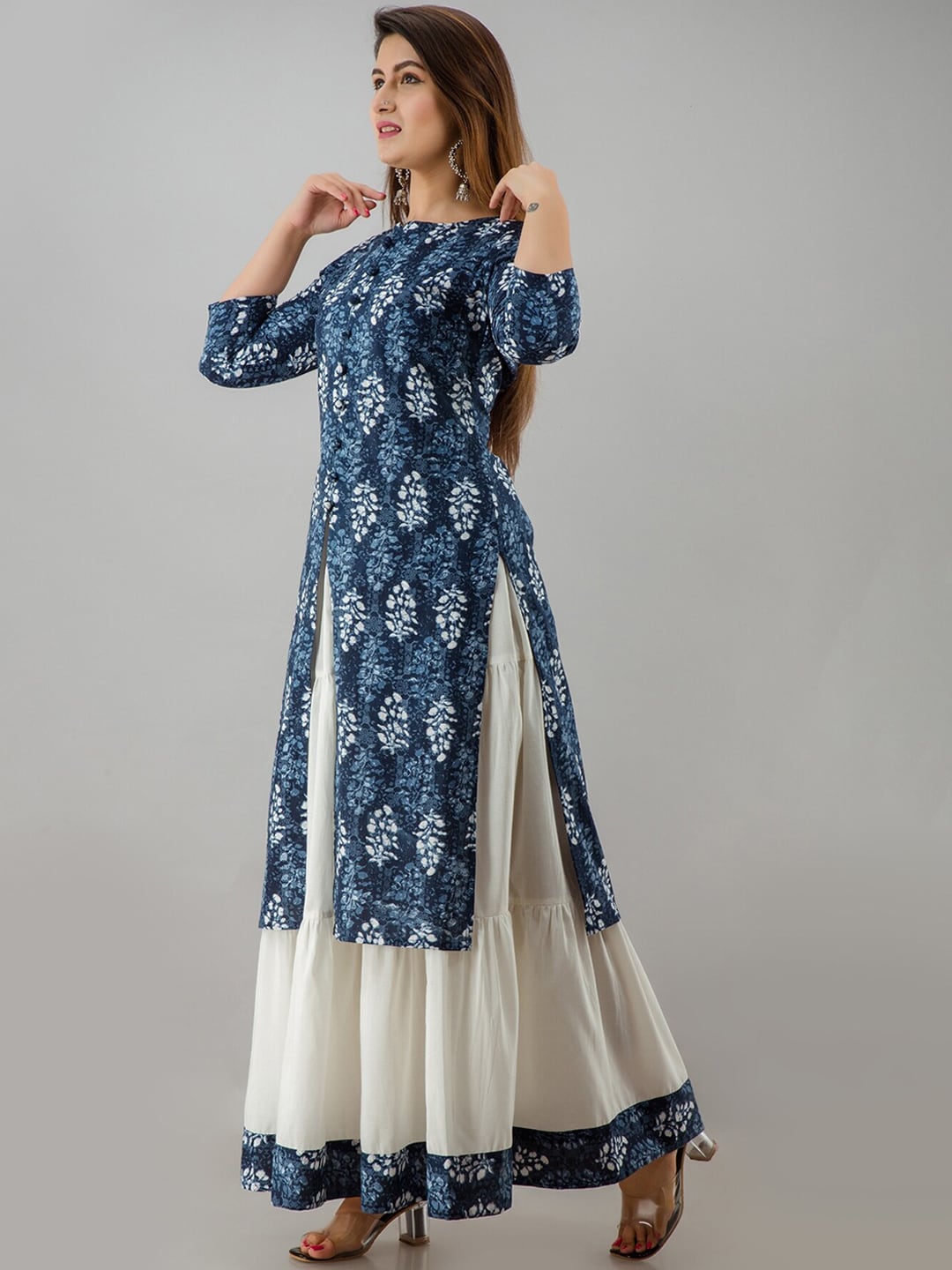 HERE&NOW Blue & White Boat Neck Floral Printed Kurta with Skirt - Distacart