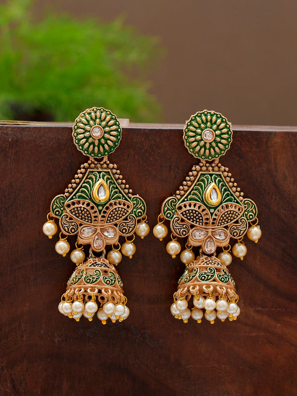 Shoshaa Green & Gold-Toned Contemporary Jhumkas Earrings - Distacart
