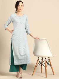 Thumbnail for Sangria Women White & Blue Ethnic Motifs Embroidered Thread Work Kurta - Distacart