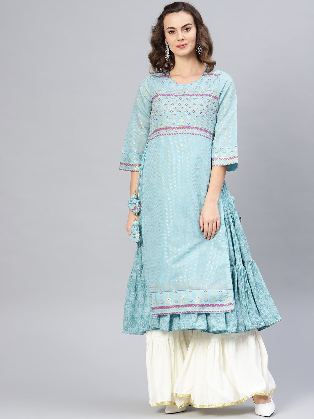 Biba Women Blue & Golden Printed Tiered Layered A-Line Kurta - Distacart