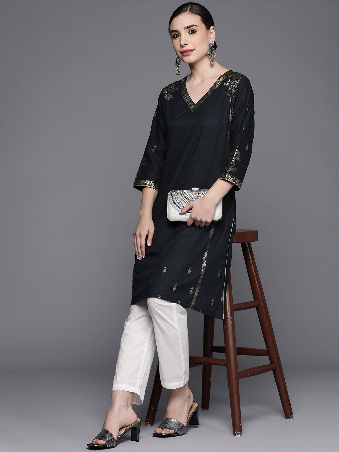 Biba Women Black & Golden Ethnic Motifs Printed Pure Cotton Kurta with Trousers - Distacart