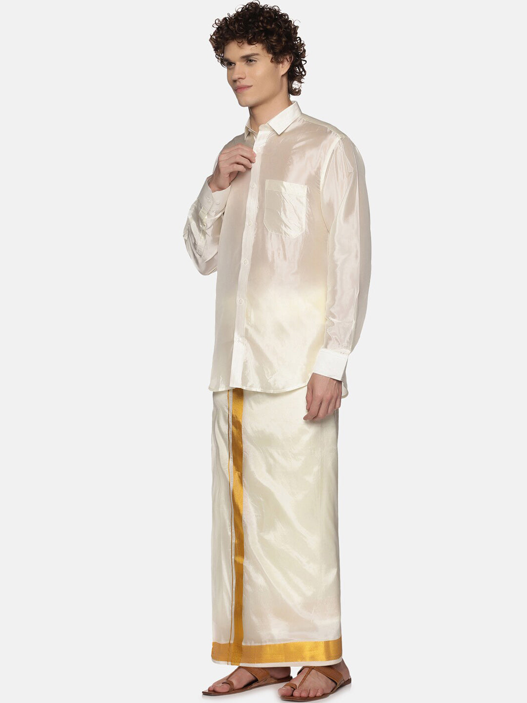 Sethukrishna Men Cream-Colored & Golden Solid Veshti - Distacart