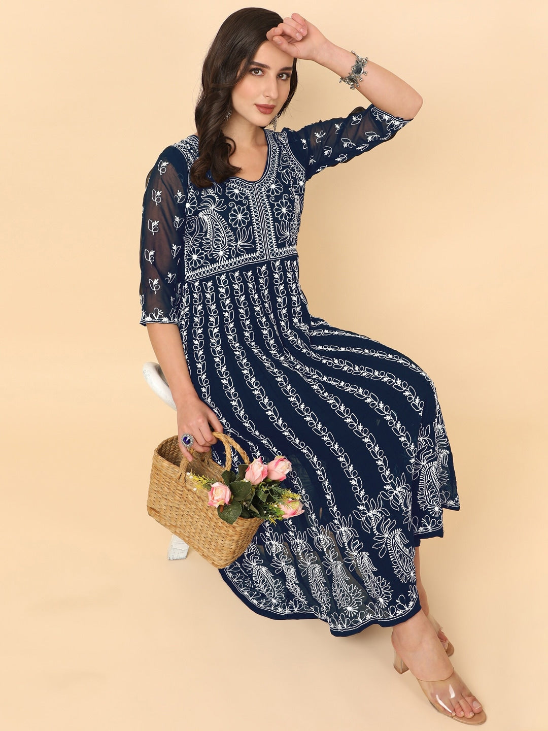 HERE&NOW Women Chikankari Embroidered Thread Work Georgette Anarkali Kurta - Distacart
