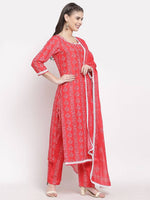 Thumbnail for Myshka Women's Red Cotton Printed 3/4 Sleeve Round Neck Casual Kurta Pant Dupatta Set