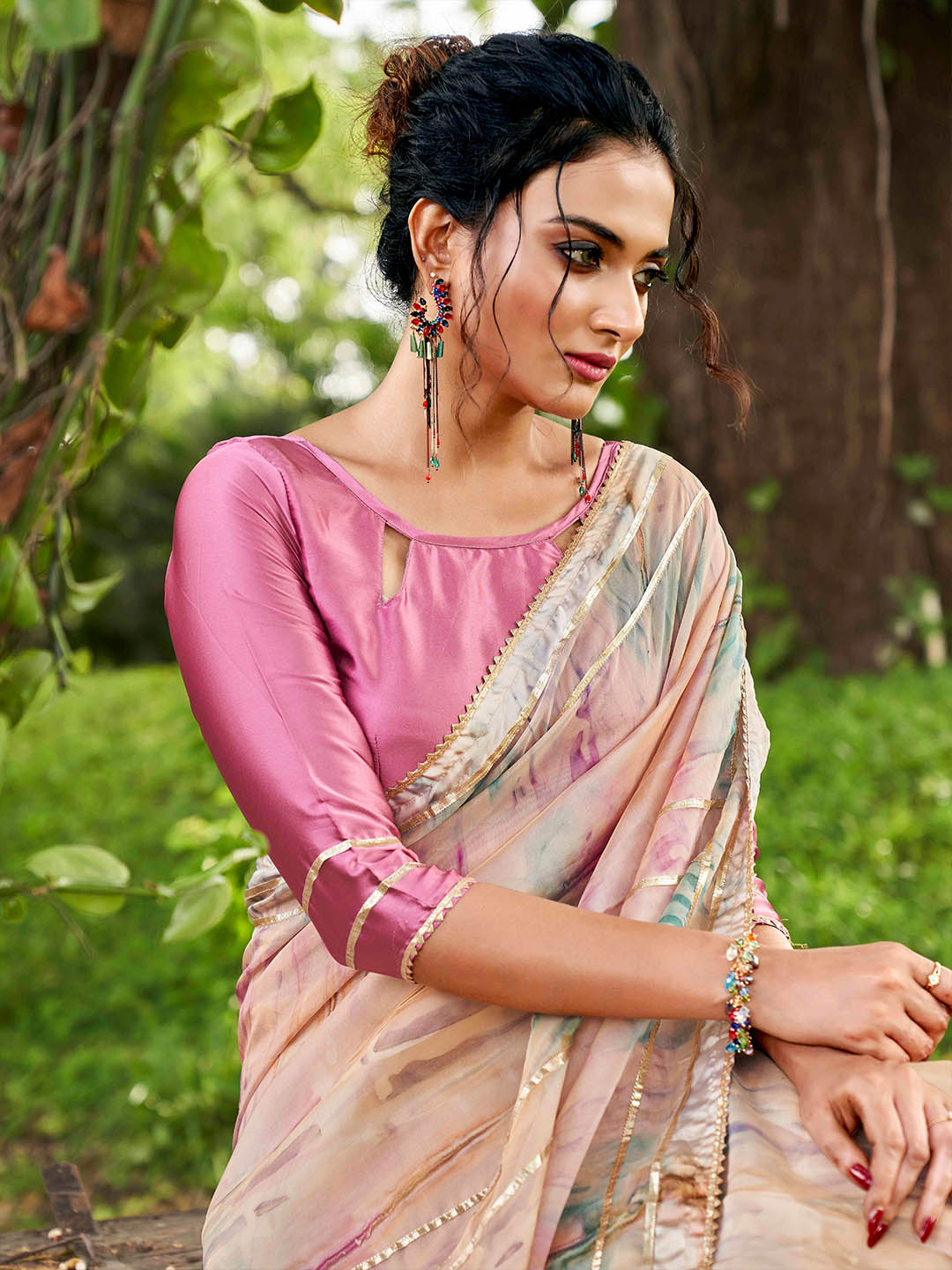 Tikhi Imli Peach Tie and Dye Gotta Patti Organza Saree - Distacart