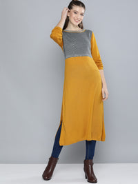 Thumbnail for HERE&NOW Women Mustard Yellow & White Geometric Yoke Design Acrylic Winter Kurta - Distacart