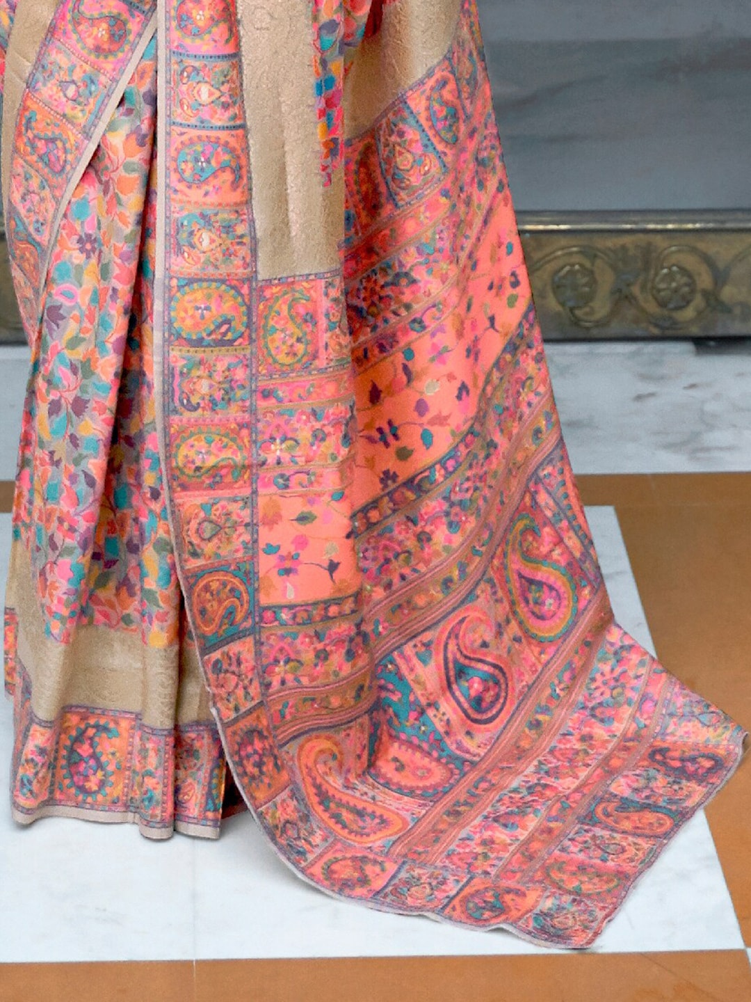 Mitera Peach-Coloured & Blue Woven Design Silk Blend Banarasi Saree - Distacart