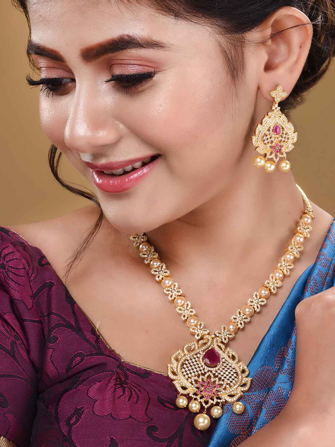 Saraf RS Jewellery Gold-Plated White & Pink American Diamond Studded & Beaded Handcrafted Jewellery Set - Distacart