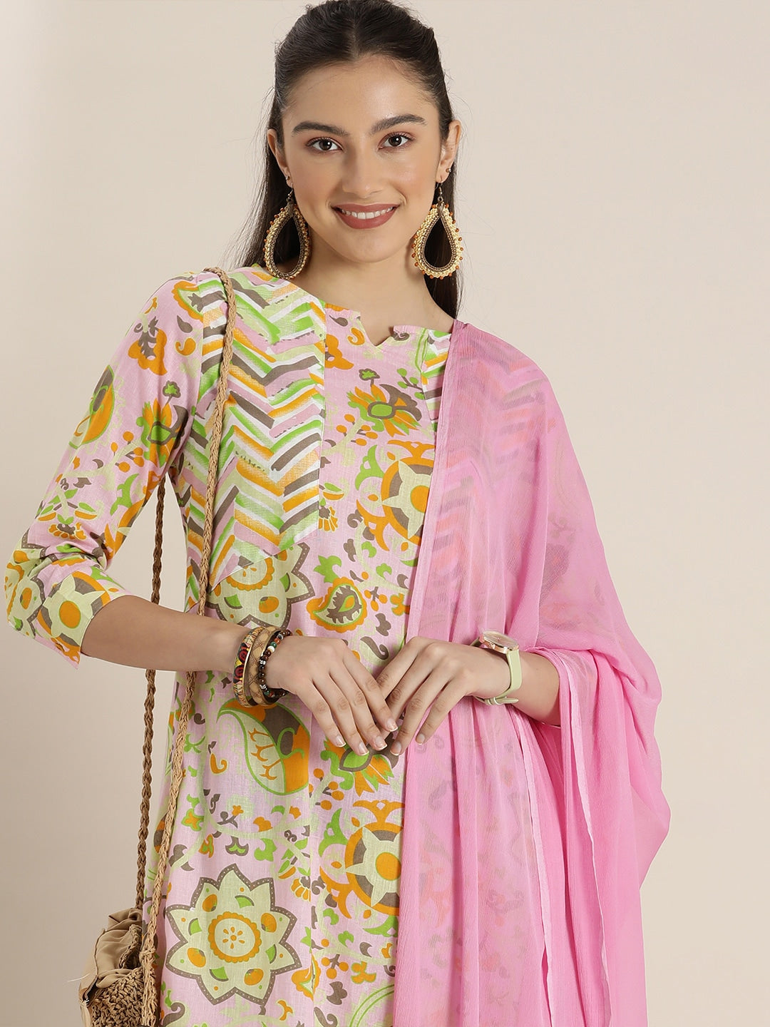 Sangria Women Pink & Yellow Ethnic Motifs Printed Cotton Kurta with Trousers & Dupatta - Distacart