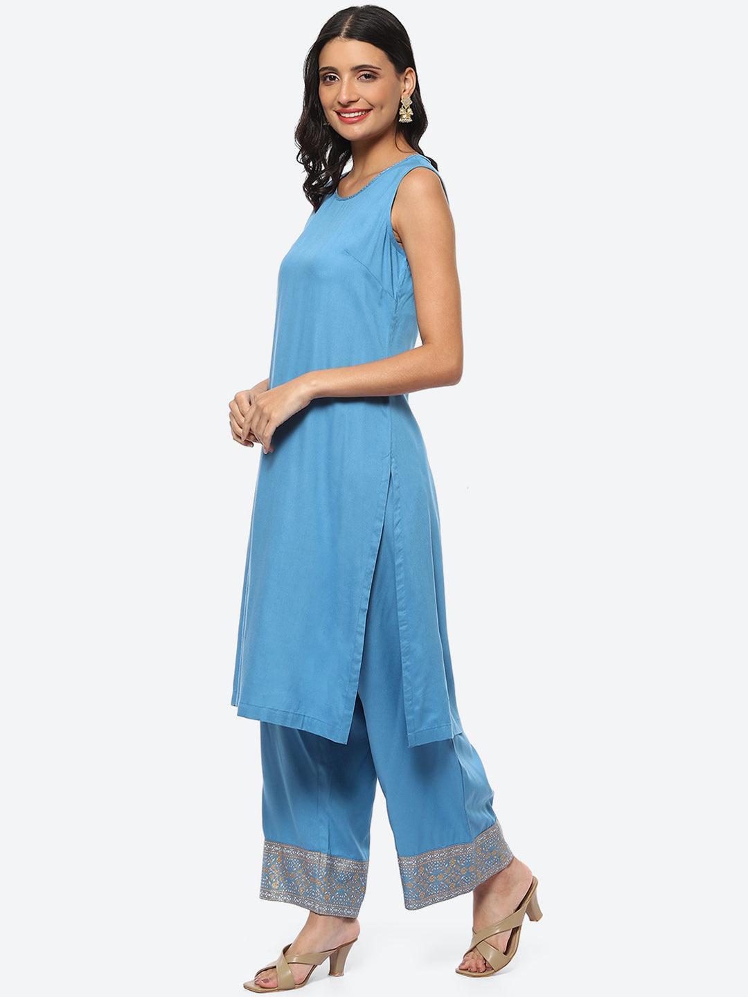 Biba Kurta With Palazzos & Printed Jacket - Distacart