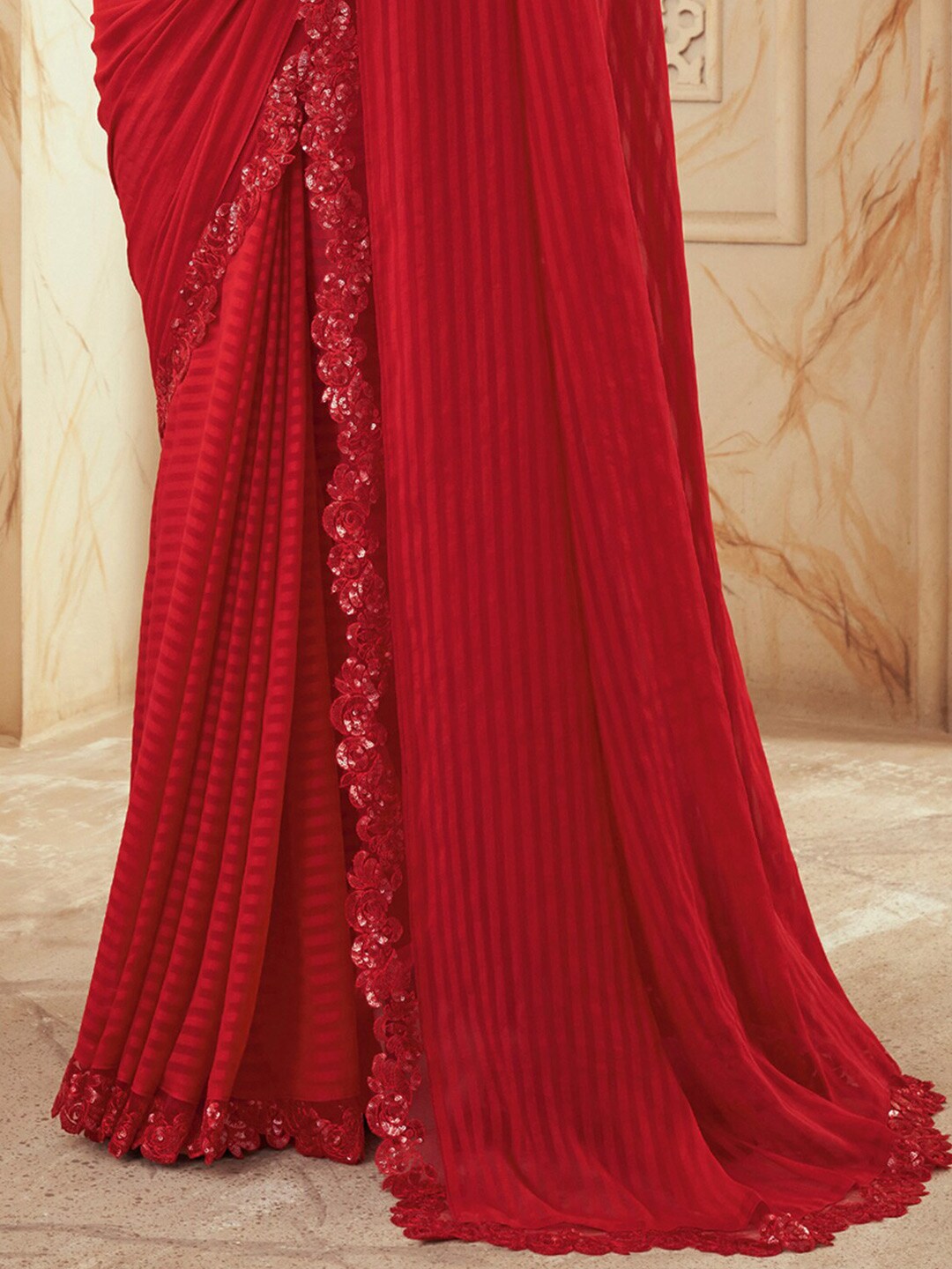 Mitera Red Striped Embroidered Saree - Distacart