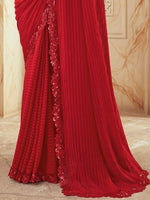 Thumbnail for Mitera Red Striped Embroidered Saree - Distacart