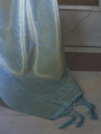 Thumbnail for Mitera Turquoise Blue & Gold-Toned Woven Design Zari Silk Blend Kanjeevaram Saree - Distacart