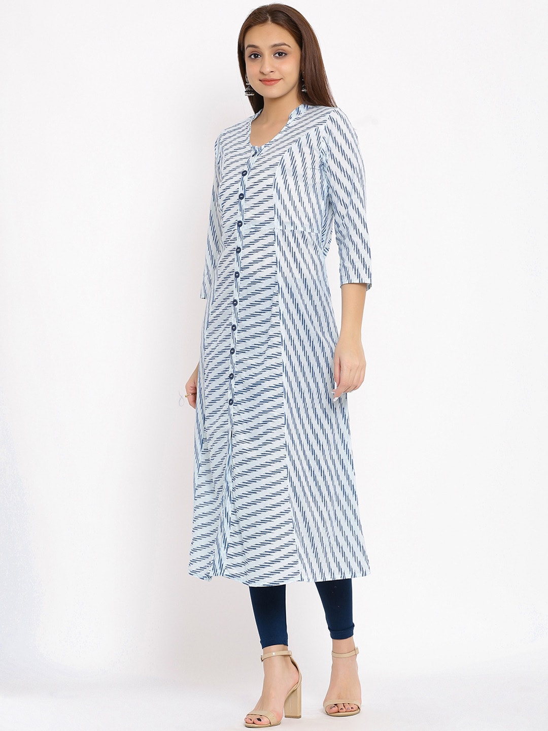 HERE&NOW Blue & White Striped Mandarin Collar Kurta - Distacart