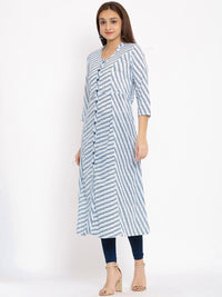 Thumbnail for HERE&NOW Blue & White Striped Mandarin Collar Kurta - Distacart
