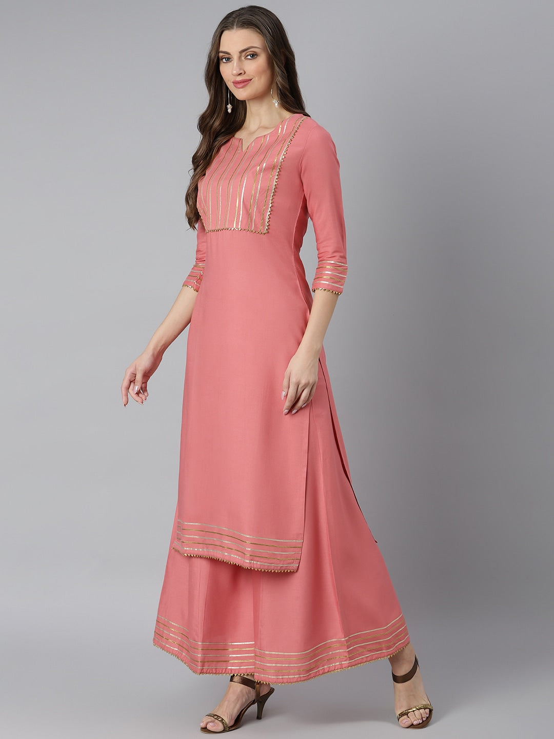 Khushal K Women Peach-Coloured Yoke Design Kurta with Palazzos - Distacart