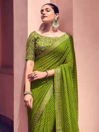 Thumbnail for Mitera Green & White Leheriya Printed Embroidered Poly Georgette Leheriya Saree - Distacart