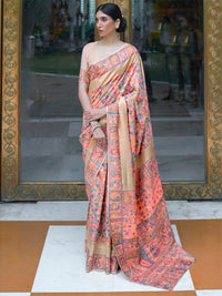 Thumbnail for Mitera Peach-Coloured & Blue Woven Design Silk Blend Banarasi Saree - Distacart