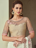 Thumbnail for Mitera White & Pink Sequinned Pure Georgette Saree - Distacart