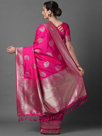Thumbnail for Mitera Pink & Silver-Toned Paisley Zari Silk Blend Banarasi Saree - Distacart