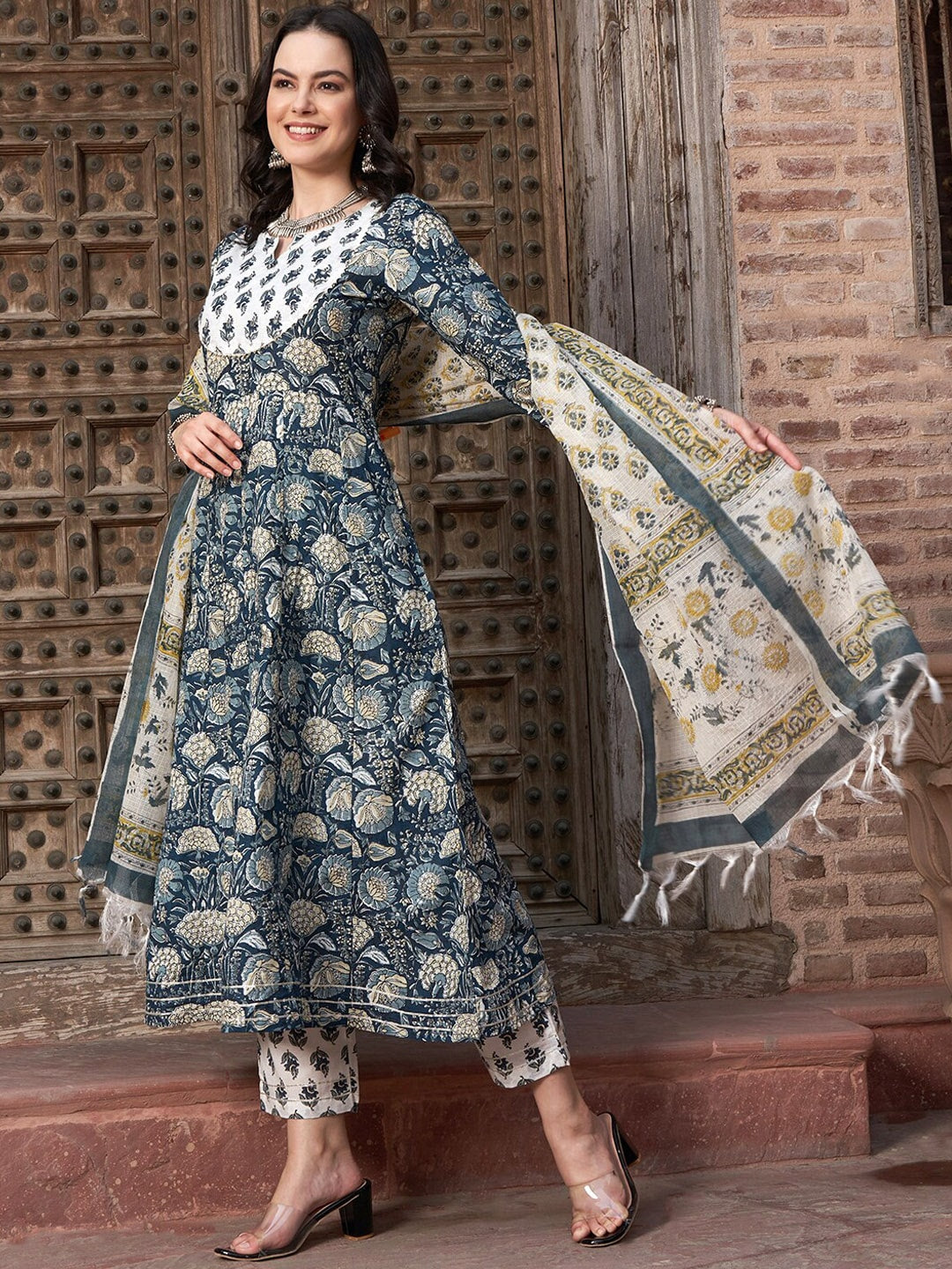 Sangria Navy Blue Floral Printed Pure Cotton Anarkali Kurta With Trouser & Dupatta - Distacart