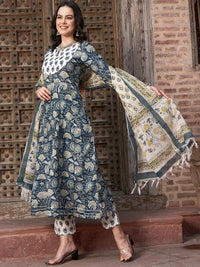 Thumbnail for Sangria Navy Blue Floral Printed Pure Cotton Anarkali Kurta With Trouser & Dupatta - Distacart