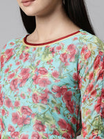 Thumbnail for Souchii Turquoise Blue Floral Printed Chiffon A-Line Midi Dress - Distacart