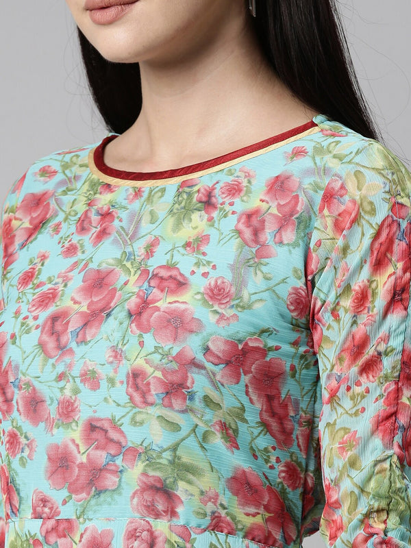 Souchii Turquoise Blue Floral Printed Chiffon A-Line Midi Dress - Distacart