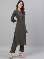 Thumbnail for Ishin Women Olive Green Self Design Kurta with Trousers & Dupatta - Distacart