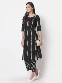 Thumbnail for Myshka Women's Black Cotton Blend Printed 3/4 Sleeve Round Neck Casual Kurta & Palazzo Set