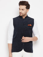 Thumbnail for Even Apparels Navy Polyester Men's Nehru Jacket-Contrast Lining-Inbuilt Pocket Square - Distacart