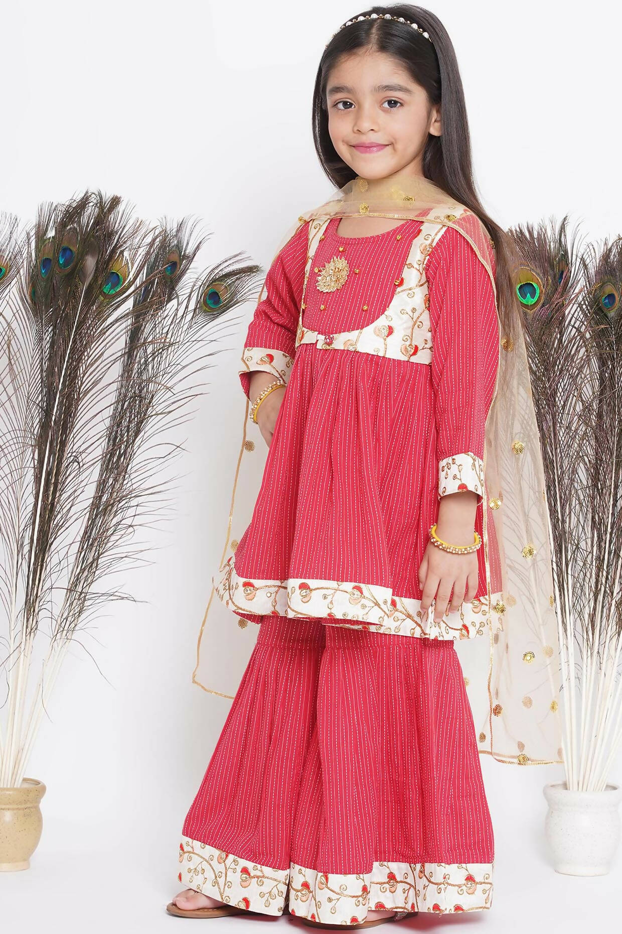 Little Bansi Floral Embroidery Jacket With Cotton Kantha Frock Sharara And Dupatta With Ghungroo Handwork - Red - Distacart